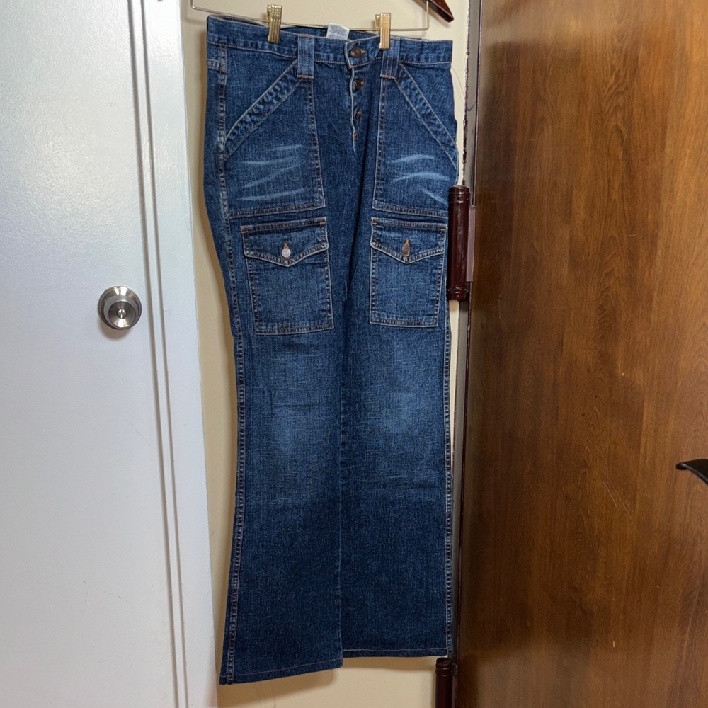 Bebe Dark Blue Boot-Cut Jeans with Front Patch Pockets
